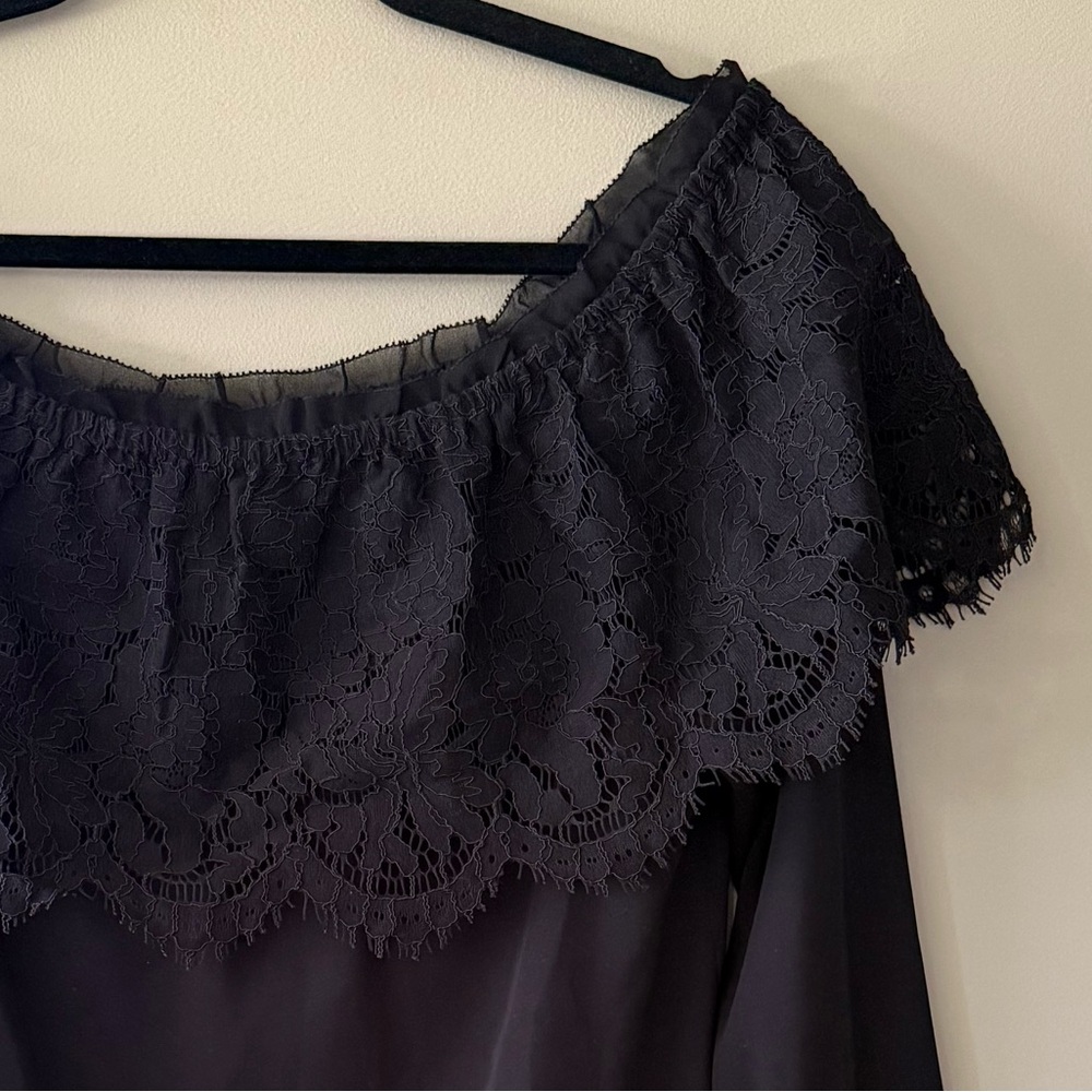 WHBM Black Off-Shoulder Top with Wide Black Lace - Picture 8 of 13